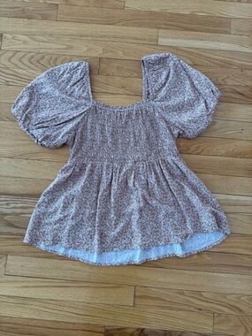 George Smocked Puff Sleeve Floral Peplum Top - Mauve/Brown - Size Large*